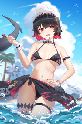 absurdres bare_shoulders bikini black_bikini black_choker black_hair black_sarong blue_sky breasts candy choker colored_inner_hair ellen_joe female fins fish_tail food highres holding holding_candy holding_food holding_lollipop large_breasts lollipop looking_at_viewer maid_headdress multicolored_hair navel open_mouth partially_submerged red_eyes red_hair red_nails sarong shark_girl shark_tail shark_tooth short_hair sky stomach summer swimsuit tail thigh_strap thighs two-tone_hair zenless_zone_zero