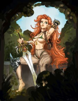 armpits ass ass_length_hair big_ass big_breasts breasts chocker covered_nipples fantasy female forest ginger ginger_pubic_hair golden_earrings golden_necklace golden_piercings green_bikini green_eyes harness highres leg_armor liana_the_flamboyant_(zhiv) long_hair navel nipples_visible_through_clothing oc orange_hair orange_pubic_hair original_character piercing piercings sitting string_bikini sword thick_thighs tights zhiv