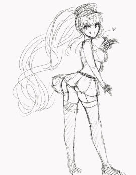 1girls abnormality_(project_moon) ass breasts clothed colorless exposed_hips female gloves hat heart leggings library_of_ruina lobotomy_corporation long_hair looking_back magical_girl project_moon queen_of_hatred sketch skirt ten_oekaki