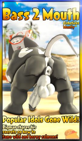 3d absurd_res anthro anus ass balls big_ass big_butt big_man_(splatoon) cover digital_media_(artwork) fish gay genitals grey_body hi_res light lightened_penis magazine_cover male manta_ray marine moonwulf musclegut muscular nintendo palm_tree penis plant poolside presenting presenting_anus public public_nudity ray_(fish) sky smile smiling_at_viewer solo source_filmmaker_(artwork) splatoon text thick_penis tree