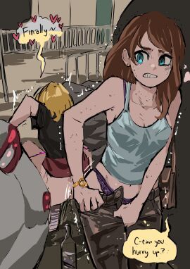 2girls biku bladder_bulge blonde_hair blue_eyes bra_strap breasts brown_hair car cleavage clenched_teeth desperation elizabeth_(biku) english_text female have_to_pee holding_crotch navel open_fly original original_character panties pants_pull panty_pull pee_squat_outdoors peeing pink_panties purple_bra purple_panties rebecca_(biku) relief relieved skirt skirt_lift speech_bubble squatting sweat tank_top underwear