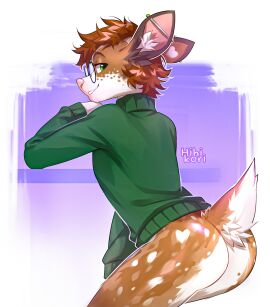 1boy anthro ass bottomless brown_body brown_fur brown_hair clothed clothing dallas_(gingersnaps) deer ear_piercing eyewear femboy fur furry glasses green_eyes hair hi_res hihikori industrial_piercing inner_ear_fluff male male_only mammal original original_character piercing round_glasses smile solo sweater tail topwear tuft turtleneck