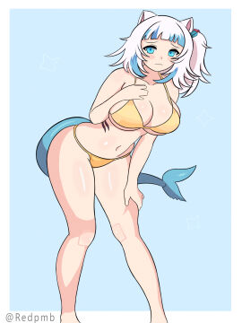 1girls alternate_breast_size animal_ears bangs barefoot big_breasts bikini blue_eyes blue_hair blunt_bangs breasts cat_ears cleavage closed_mouth clothing female gawr_gura gawr_gura_(casual) gills gold_bikini hair_ornament hips hips_wider_than_shoulders hololive hololive_english hololive_myth huge_breasts large_breasts legs looking_at_viewer medium_hair milf multicolored_hair navel redpmb shark_girl shark_tail side_ponytail smile solo standing streaked_hair swimsuit tail thick_thighs thighs virtual_youtuber white_hair wide_hips