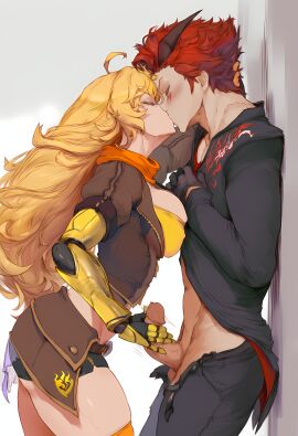 1boy 1boy1girl 1girls adam_taurus against_wall ahoge ai_generated black_jacket black_short_shorts blonde_female blonde_hair blush brown_jacket crop_top femdom gloves hand_in_hair handjob horns jacket kissing long_hair mechanical_arm orange_scarf red_hair red_shirt rwby scarf shirt short_shorts yang_xiao_long yellow_crop_top