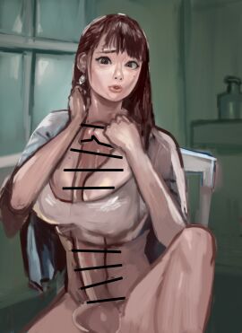 1futa absurd_res autopaizuri autopaizuri_under_clothes balls bangs bar_censor bottomless breasts brown_eyes brown_hair censored clothed clothing earrings erection futa_only futanari hi_res huge_cock human hyper_penis intersex kmaro light-skinned_futa light_skin long_hair looking_at_viewer masturbation partially_clothed penis penis_between_breasts solo