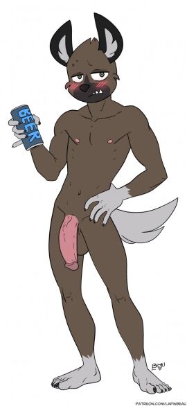 aggressive_retsuko aggretsuko alcohol balls beer beverage beverage_can big_penis blush blush_lines brown_body brown_fur cheek_tuft circumcised facial_tuft fangs flaccid fur genitals grey_body grey_fur haida haida_(aggretsuko) hi_res huge_cock humanoid_genitalia humanoid_penis hyena lapinbeau male male_focus male_only mammal nude penis sanrio simple_background spotted_hyena teeth tuft vein veiny_penis white_background
