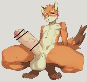 absurd_res anthro balls big_penis biped blush blush_lines bodily_fluids canid canine censor_bar censored censored_genitalia censored_penis countershade_fur countershade_torso countershading dipstick_tail erection eyebrows foreskin fox fur gay gay_male genital_fluids genitals glans hi_res humanoid_genitalia humanoid_penis kemono male mammal markings orange_body orange_fur original original_character penis precum solo tail tail_markings tarobandit uncircumcised vein veiny_penis yaoi