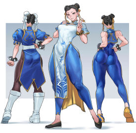 1girls absurdres ass bare_shoulders boots bracelet breasts bun_cover capcom china_dress chinese_clothes chun-li chun-li_(street_fighter_6) chun-li_(street_fighter_alpha) clenched_hand commentary cropped_vest double_bun dress earrings female flats from_behind full_body hair_bun hair_ornament hand_on_own_hip hands_on_own_hips hands_up highres jewelry juaagacgy knee_boots looking_at_viewer medium_breasts multiple_views nonude pants pantyhose parted_lips pelvic_curtain puffy_short_sleeves puffy_sleeves shoes short_sleeves skin_tight sleeveless smile sneakers spiked_bracelet spikes standing street_fighter street_fighter_6 street_fighter_alpha street_fighter_ii tight_pants turtleneck unitard v vest white_footwear yoga_pants