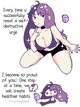 2020s 2024 beauty_mark black_hair chibi choker cleavage collarbone cute digital_drawing_(artwork) ear english english_text facebook_url female finger_on_chin flowers_in_hair hair_ornament heart heart_hair_ornament kawaii_potato lavender_hair light-skinned_female light_skin motivational multicolored_hair multiple_images musical_note no_sex no_shirt on_knees painted_nails pinup potato potato_girl shorts solo sparkles sparkling sparkling_hair talking_to_viewer theshunbun thighs vitelotte white_background white_eyelashes