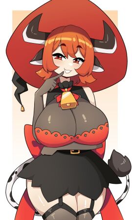 1girls big_breasts breasts cleavage commission cow_ears cow_girl cow_horns cow_tail cowbell eyebrows_visible_through_hair female female_only garter_straps hi_res horns j5daigada looking_at_viewer orange_eyes orange_hair smiling smiling_at_viewer smug smug_smile solo stockings tail thick_thighs wide_hips witch_hat