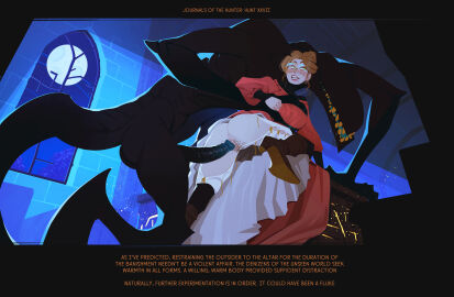 1boy black_skin boots brown_hair colored_skin comic comic_page comic_panel commentary dress drooling english_commentary english_text female female_pubic_hair glasses highres huge_cock imminent_penetration imminent_vaginal incase journals_of_the_hunter male monster moon night no_eyes original penis pubic_hair pussy red_dress red_lips saliva sharp_teeth teeth torn_clothes window