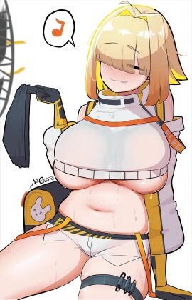 1girls ahoge belly belly_button blonde_hair blush breasts closed_eyes cute_fang elegg_(nikke) female goddess_of_victory:_nikke hair_over_eyes large_breasts midriff panties panties_removed sitting sweat thighs underboob white_background