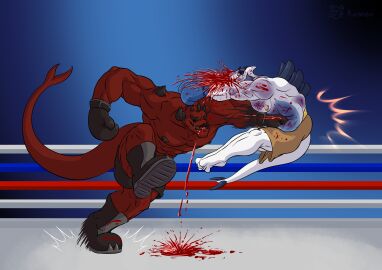 absurd_res avian bodily_fluids boxing boxingdinosaur bruised captain_triton demon dummy_(boxingdinosaur) fight fighting_ring generation_2_pokemon gore gutpunch hi_res kenjimeow legendary_pokemon lugia male male/male muscular muscular_male nintendo overweight pokemon pokemon_(species) size_difference sport