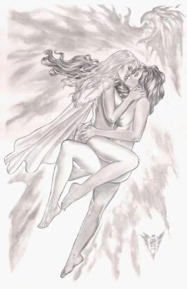 2girls black_and_white breasts emma_frost female female_only gene_espy hellfire_club jean_grey marvel marvel_comics nipples nude nude_female phoenix_(x-men) topless traditional_art traditional_media_(artwork) white_queen x-men yuri