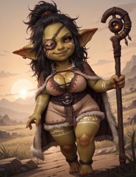 ai_generated animated big_breasts black_hair black_sclera bodypaint cape cleavage eye_patch female goblin goblin_female goblintide green_body green_skin holding_object holding_staff looking_at_viewer no_sound pointy_ears smile solo staff tagme video yellow_eyes