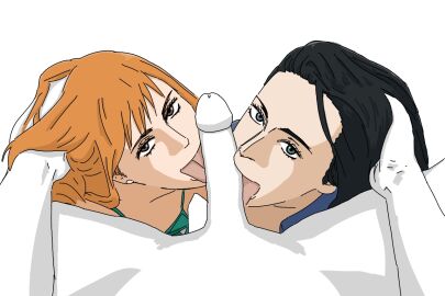 1boy 2girls artist_request bikini black_hair bra breasts cleavage collaborative_fellatio completely_nude erection fellatio female female_focus hand_on_another's_head large_breasts male multiple_females multiple_girls nami_(one_piece) nico_robin non-web_source nude one_piece oral orange_hair post-timeskip pov swimsuit teamwork tongue tongue_out underwear