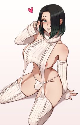 1futa areolae big_breasts black_hair blue_eyes blush breasts bulge bulge_through_clothing clothed clothing detached_sleeves female flaccid freckles futa_only futanari goth goth_girl human human_only impossible_clothes intersex kneeling light-skinned_futa light_skin lilly_(gmareh32) looking_at_viewer meme_attire mostly_nude nipple_slip nipples oc original original_character penis penis_in_panties realistic_penis_size smug solo thescarletdevil thick_thighs thighhighs thighs virgin_destroyer_sweater