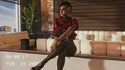 1girls 3d cyberpunk cyberpunk_2077 daz3d daz_studio female female_only fully_clothed fully_clothed_female glasses judy_alvarez open_mouth pantyhose short_hair snowchild3d solo text