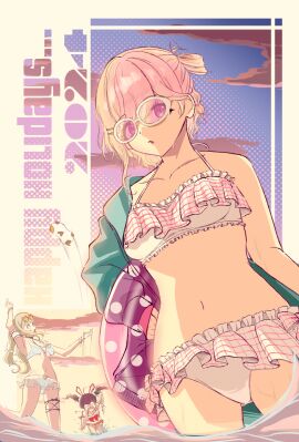 2024 angry beach bikini breasts bunny_ears d4dj female innertube long_hair moga3103 nyochio ocean ohnaruto_muni outdoors running sakurada_miyu shiratori_kurumi small_breasts sunglasses sunset swimsuit water