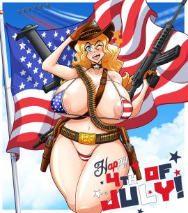 ! 4th_of_july america-chan american_flag_bikini belt big_breasts blonde_hair blue_eyes blush breasts breasts_bigger_than_head bullets cowboy_hat curvy curvy_figure female firearm gloves gun handgun headwear huge_breasts human kogeikun pale_skin revolver rifle swimwear symbol-shaped_pupils text thick_thighs uncensored_breasts usa_bikini weapon wide_hips