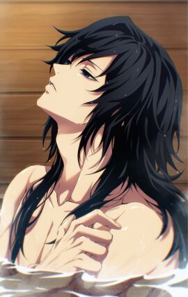 1boy absurdres adams_apple artist_request bathing black_hair blue_eyes collarbone demon_slayer empty_eyes giyu_tomioka half-closed_eyes hand_up head_back highres indoors kimetsu_no_yaiba long_hair long_sidelocks male_focus may_(illust_man_2020) parted_lips pectorals sidelocks solo teeth tomioka_giyuu toned toned_male topless topless_male upper_body