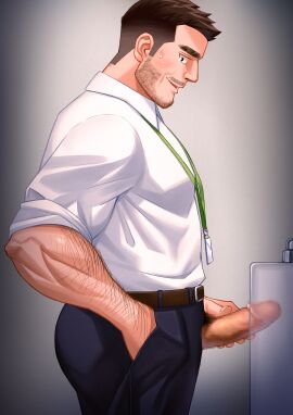 1boy 2021 ass censored formal_wear fully_clothed hi_res male male_only minoruart18 mosaic_censoring original penis solo tagme urinal