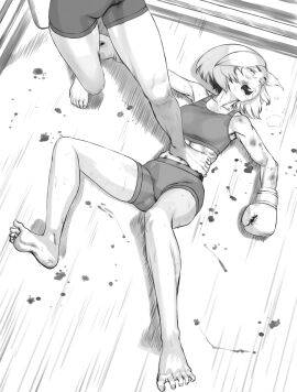 2girls barefoot boxing catfight commission defeat defeated female femdom greyscale highres humiliated humiliation humiliation_fetish multiple_females multiple_girls original pixiv_commission punching rggr ryona soles stomach_punch tagme