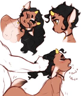 1boy 1girls absurdres animal_ears black_choker black_hair breasts choker closed_eyes closed_mouth dark_skin doggy_style facing_viewer female furry furry_female furry_with_non-furry goat_ears goat_horns goat_tail highres horns interspecies kody_(pudgeruffian) long_hair male male_human/female_anthro medium_breasts multiple_views muscular muscular_male nipples open_mouth original profile pudgeruffian scut_tail sex sex_from_behind short_hair short_tail smile straight white_background