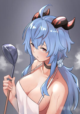 1girls absurd_res absurdres adult ahoge bare_arms bare_chest bare_hands bare_shoulders bare_skin black_choker black_horn black_horns blue-haired_female blue_eyebrows blue_hair blush blush_lines blushing_at_viewer blushing_female bonz_(bonz0616) breasts brown-eyed_female brown_eyes choker cleavage collarbone dot_nose embarrassed embarrassed_female eyebrows_visible_through_hair female female_focus female_only fingernails fingers ganyu_(genshin_impact) genshin_impact gradient_background grey_background hair_between_eyes half_naked high_resolution highres horn horns light-skinned_female light_skin long_hair looking_at_viewer medium_breasts ponytail red_horn red_horns shoulders sideboob simple_background slender_body slender_waist slim_female slim_waist solo standing sweat sweatdrop sweating sweaty sweaty_body sweaty_breasts thin_waist upper_body