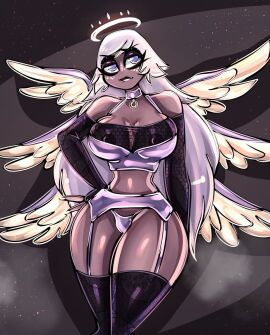 1girls angel angel_wings ass big_breasts bitterbunz blue_eyes breasts cleavage emily_(hazbin_hotel) female halo hazbin_hotel nipples open_smile panties partially_clothed smile solo solo_female solo_focus thick_thighs thighs vivienne_medrano white_hair wide_hips wings