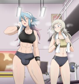 1futa 1girls abs absurdres alluring athletic_female blonde_hair blue_hair bulge buruma closed_eyes closed_mouth commission commissioner_upload dumbbell erection_under_clothes female_abs fire_emblem fire_emblem_fates fire_emblem_warriors fit_female gluteal_fold gradient_hair grey_eyes gym hair_between_eyes hair_ornament heavy_breathing highres holding holding_towel indoors intelligent_systems large_breasts long_hair looking_at_another luna_xd medium_breasts multicolored_hair multiple_girls navel nintendo open_mouth ophelia_(fire_emblem) precum precum_through_clothes precum_through_clothing railing soleil_(fire_emblem) sports_bra sportswear steaming_body sweat tomboy tomboy_futa toned toned_female towel towel_around_neck very_long_hair wristband