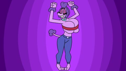 1girls 3_toes 4_fingers animated anthro barefoot barely_contained big_breasts bouncing_breasts bracelet bracelet_(marking) breasts breasts_bigger_than_head bursting_breasts busty canine cleavage cleavage_overflow closed_eyes clothed clothing dancing eyelashes female female_only fist flat_colors furry gif hands_up head_tilt hourglass_figure jiggle jiggling_breasts leggings loop midriff navel necklace oc original original_character pearl_necklace penelope_(protagon) penelope_de_caniche poodle protagon purple_body purple_fur sheepish_(series) smile smiling snout solo strapless strapless_bra swaying swaying_breasts tail tail_tuft