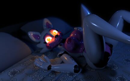 2021 3d animatronic anthro bed big_breasts breasts canid canine cinema_4d_(artwork) digital_media_(artwork) female five_nights_at_freddy's fox fox23space funtime_foxy_(fnaf) furniture genitals glistening glistening_body glowing glowing_eyes hand_on_own_breast hi_res legs_up lying lying_on_bed machine mammal nipples on_back on_bed pussy robot robot_anthro rule_63 scottgames sister_location smile smiling_at_viewer solo spread_legs spreading tail yellow_eyes