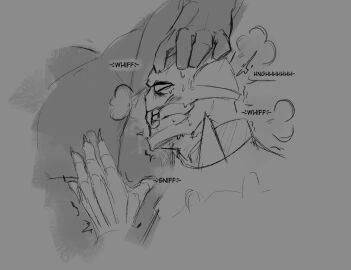 1boy armpits blush blush_lines chastisedhorns context_at_source demon desast english_text grabbing_head hand_on_chest holding_head kamen_rider kamen_rider_saber_(series) light_blush male male_focus monster muscles muscular musk musk_clouds musk_sniffing onomatopoeia sharp_claws sharp_nails sharp_teeth sketch sniff sniffing sniffing_armpit sniffing_musk sweat sweatdrop sweating sweaty text tremble_lines tremble_spikes trembling unseen_character unseen_male_face