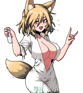 alternate_breast_size animal_ear_fluff animal_ears blonde_hair blush breasts collarbone corked_bottle cowboy_shot female finger_touching formicid fox_ears fox_girl fox_shadow_puppet fox_sign fox_tail green_ribbons hand_sign hands_up holding holding_test_tube jaggy_lines kudamaki_tsukasa large_breasts looking_at_viewer navel open_clothes open_mouth ribbon romper sharp_teeth short_hair short_sleeves simple_background solo sweat tail teeth test_tube touhou white_background yellow_eyes