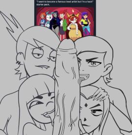 1boy 4girls ben_10 ben_10_(classic) big_penis boomerang_(tv_network) cartoon_network collaborative_fellatio crossover dc dc_comics disney disney_channel disney_xd double_fellatio erection fellatio female foster's_home_for_imaginary_friends frankie_foster glitch_techs gwen_tennyson gwen_tennyson_(classic) hekapoo huge_cock jenny_wakeman large_penis licking_penis male meme miko_kubota monochrome multiple_females multiple_girls my_life_as_a_teenage_robot netflix nickelodeon nicktoons penis raven_(dc) rudynood star_vs_the_forces_of_evil straight teen_titans tongue trait_connection veiny_penis warner_brothers xj-9