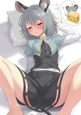 breasts cheese clothed female grey_hair nazrin rat_ears rat_girl skirt sleeping small_breasts spread_legs touhou youmu-kun