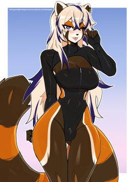 2025 absurd_res ailurid anthro biped blonde_hair breasts brown_body brown_fur brown_tail bulge clothed clothed_anthro clothed_gynomorph clothed_intersex clothing digital_drawing_(artwork) digital_media_(artwork) front_view fur gynomorph hair hi_res intersex looking_at_viewer mammal purple_eyes red_panda simple_background solo standing tail thericegoat