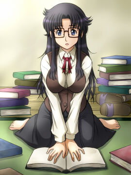 1girls 2024 2d 2d_(artwork) barefoot big_breasts black_hair blue_eyes book breasts commentary_request female fujii_satoshi full_body glasses human human_only large_breasts long_hair long_skirt open_mouth read_or_die sfw sitting skirt solo solo_female v_arms vest wariza yomiko_readman