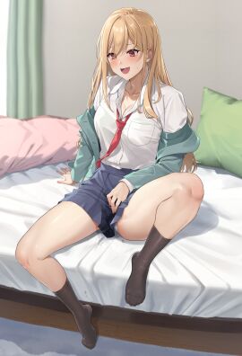 absurdres bed blonde_hair blue_skirt blush breasts cleavage collarbone collared_shirt dress_shirt feet female female_masturbation fingering fingering_self green_jacket grin highres incredibly_absurdres jacket knee_up kneehighs large_breasts legs long_hair long_sleeves masturbation necktie no_shoes off_shoulder on_bed open_clothes open_jacket original pillow prime pussy pussy_juice_stain red_eyes shirt sitting skirt smile socks solo spread_legs toes white_shirt