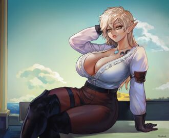 1girls 2020s 2024 2d 2d_(artwork) belt big_breasts blonde_hair boots breasts cleavage cleavage_window clothing elf elf_ears female female_focus female_only fully_clothed gloves hi_res highres hips hourglass_figure knee_boots large_breasts light-skinned_female light_skin long_ears long_hair necklace nextoad solo solo_female solo_focus wide_hips yellow_eyes