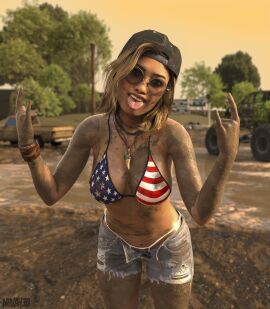 3d 3d_render american_flag_bikini backwards_baseball_cap bikini bra breasts cap cosplay female flag_bikini grand_theft_auto grand_theft_auto_vi jean_shorts jorts looking_at_viewer mud mud_girl_(gta_vi) mud_pit muddy navel necklace novah3d shades shorts sunglasses thong thong_bikini tinted_eyewear tongue tongue_out