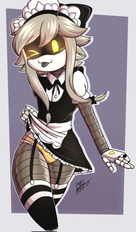 1girls black_bow black_legwear blush clothed cyn_(murder_drones) female female_only garter_straps grey_hair grey_tongue legwear lifting_skirt long_hair maid maid_headdress maid_uniform murder_drones one_eye_closed panties playful presenting presenting_pussy pussy robot robot_girl robot_humanoid rod_akihiro screen screen_face skirt_lift solo solo_female stockings striped_panties thighhighs tongue tongue_out twintails wink winking_at_viewer yellow_eyes