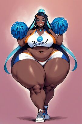 ai_generated bbw belly big_belly cheerleader cheerleader_outfit cheerleader_uniform human hunkbsaa nessa_(pokemon) nintendo piercing pokemon sneakers ssbbw