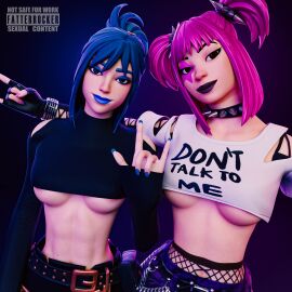 2girls 3d abs big_breasts black_lipstick blue_eyes blue_hair blue_lipstick breasts brown_eyes crop_top drop_dee_(fortnite) fatterrocker female fortnite fortnite:_battle_royale hope_(fortnite) painted_nails pink_hair underboob white_skin