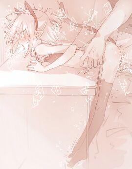 1boy 1girls absurdres animal_ear_fluff animal_ear_legwear animal_ears azuma_shino blush cat_ear_legwear cat_ears cat_tail fake_animal_ears female greyscale hands_on_another's_hips highres male monochrome nowareno_(azuma_shino) open_mouth original pointy_ears sepia sex skinny straight tail thighhighs