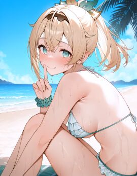 1girls ai_generated back beach bikini blonde_hair blue_eyes blush hololive kazama_iroha knees_up large_breasts ponytail sitting smile sweat thighs virtual_youtuber white_bikini