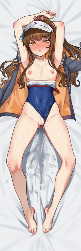 absurdres armpits arms_up bad_link bare_shoulders barefoot black_jacket blue_one-piece_swimsuit blush breasts breasts_out brown_eyes brown_hair clothes_pull covered_navel dakimakura_(medium) ebora fate/grand_order fate_(series) female full_body hat highres incredibly_absurdres jacket kishinami_hakuno_(female) long_hair looking_at_viewer multicolored_jacket multicolored_swimsuit nipples one-piece_swimsuit open_mouth orange_jacket ponytail pussy pussy_juice pussy_juice_stain sidelocks small_breasts solo swimsuit two-tone_jacket visor_cap white_hat white_one-piece_swimsuit