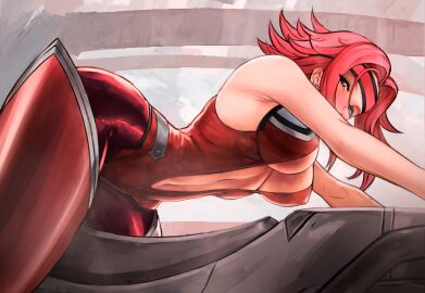 1girls armpits bare_shoulders bent_over blush bodysuit breasts cleavage code_geass female from_below from_side half-closed_eyes headband kallen_stadtfeld looking_at_viewer medium_breasts midriff nibba red_hair shiny_skin short_hair sweat thick_thighs wide_hips
