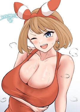 1girls 2025 arm_under_breasts barefoot blue_eyes breasts brown_hair cleavage dated female game_freak hinaringopple large_breasts may_(pokemon) may_(pokemon_oras) nintendo one_eye_closed open_mouth pokemon pokemon_oras red_tank_top short_hair simple_background solo solo_female solo_focus sweat sweaty sweaty_breasts tank_top tongue white_hair wink